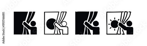 Person opening or closing curtains, revealing light or view icon set, representing new beginnings or privacy.