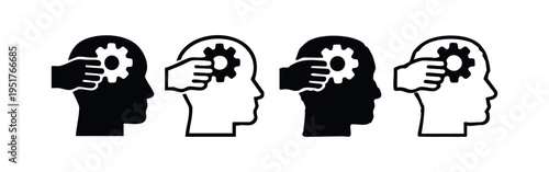 Hand inserting or removing a gear from a human head icon set, symbolizing thought and problem-solving.