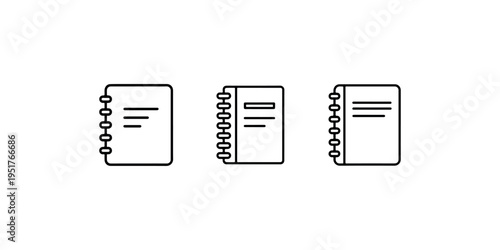 Set of spiral notebook icons with different paper layouts and line patterns designed for educational note taking or office diary management black outline