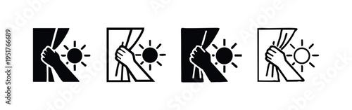 Hand opening curtains to reveal a bright sun icon set, symbolizing hope and new opportunities.