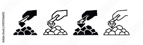 Hand selecting or extracting a sparkling diamond from a rock pile, symbolizing discovery and luxury.