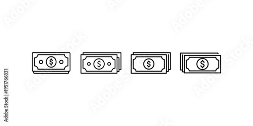 Illustration showing stacks of dollar banknotes with various cash designs for financial transactions currency management and banking services line art set