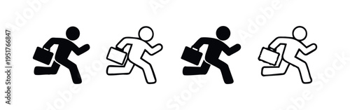 Business Person Running with Briefcase Icon Set. Urgent Deadline Concept. Professional Rush Hour Symbol.