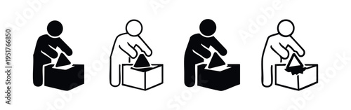 Person Putting Item in Box Icon Set. Donation or Suggestion Box Symbol. Inserting Object Into Container.