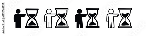 Person and Hourglass Icon Set. Time Management and Patience Symbol. Waiting or Deadline Concept Vector.