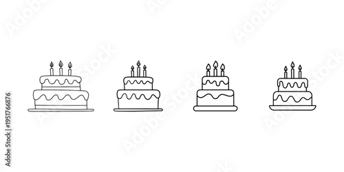 Hand drawn birthday cake icons with lit candles and creamy frosting layers representing celebration anniversary events and sweet bakery dessert products