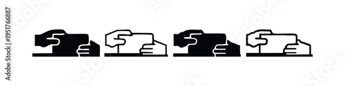 Hands inserting or placing puzzle pieces icon set in solid and outline styles, depicting problem-solving.