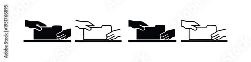Hand inserting ballot or document into a box or folder icon set, representing voting or data input.