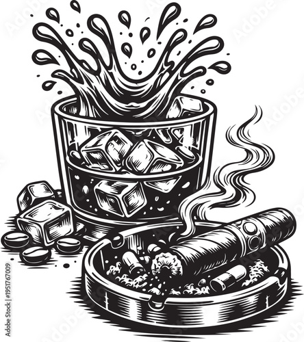 Monochrome Whiskey on the Rocks and Premium Cigar Sketch