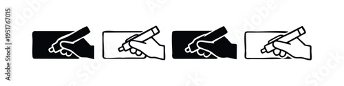 Hand Writing with Pen on Paper or Tablet Icon Set. Vector glyph symbols for note-taking and documentation.