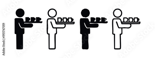 Icon set of a person carrying a tray with three cups, representing service or hospitality in solid and outline styles.
