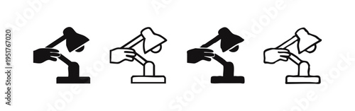 Hand Adjusting Desk Lamp Icon Set. Vector glyph symbols for workspace lighting, study, and productivity.