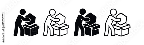 Icon set of a person packing a hexagonal object into a box, in solid and outline styles, symbolizing logistics or delivery.