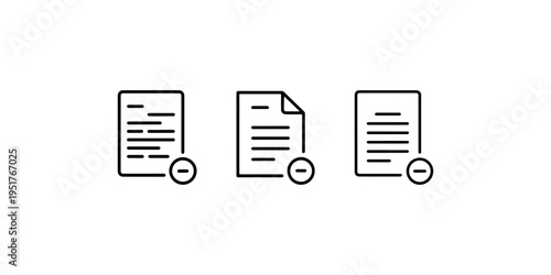 Remove document icon set with minus sign for deleting files and electronic paperwork management in minimalist vector line style for software application