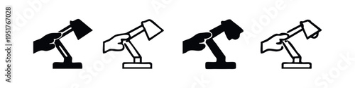 Icon set of a hand holding an axe, depicting chopping or cutting action in solid and outline styles, a tool concept.