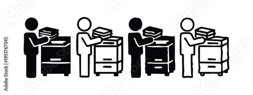 Icon set of a person filing documents at a cabinet, depicting office administration or organization in black and white styles.