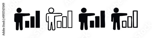 Icon set of a person presenting a bar chart, representing business analysis or data visualization in various styles.