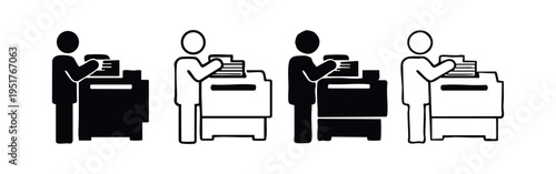 Icon set of a person using a printer or copier, representing office work and document processing tasks.