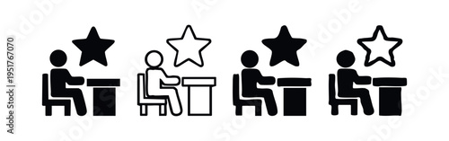 Icon set of a person at a desk with a star, symbolizing achievement, quality, or top performance in solid and outline styles.