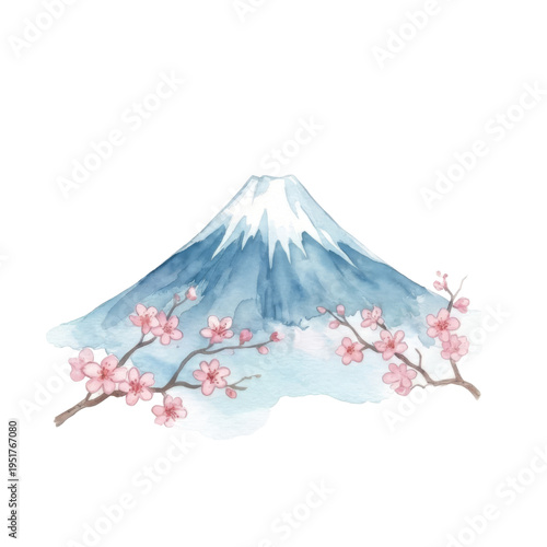 Serene Japanese landscape with Mount Fuji snow capped peak and blooming pink cherry blossoms on branches, watercolor style illustration, peaceful nature scenery.