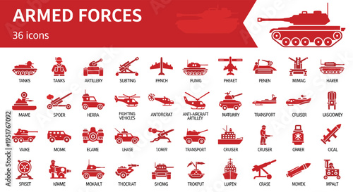 Armed forces military icons set, army vehicles symbols, tank artillery aircraft navy icons, defense equipment collection, flat vector military icon pack