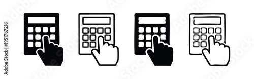 Calculator icon set with hand pressing buttons