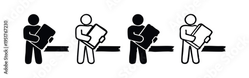 Painter with roller icon set, person painting a wall