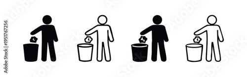 Person throwing crumpled paper into trash bin icon set