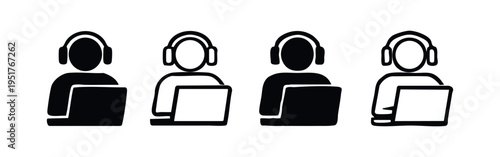 Person working on laptop with headphones icon set