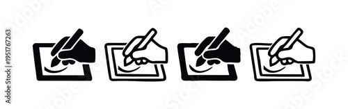 Hand writing or signing on digital tablet icon set