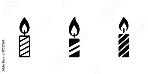 Three stylized burning candles with striped patterns in black and white against plain white background, simple minimalist graphic vector