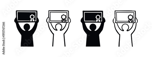 Achievement and Graduation Certificate Award Icons Set, Person Holding Diploma Above Head, Glyph and Outline Vector Art
