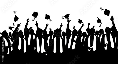 Graduates celebrate tossing caps in air.