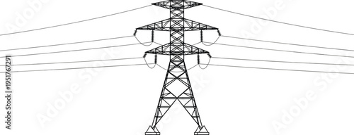 High voltage electric power transmission tower with cables and overhead lines silhouette isolated on white background for industrial energy design
