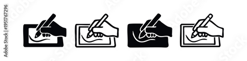 Digital signature and writing icon set, hand with pen on tablet