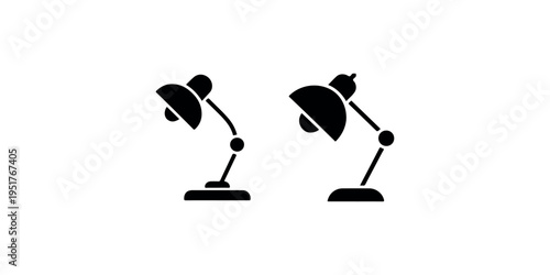 Two modern desk lamp icons showing adjustable arm and lampshade for study or work illumination concept graphic illustration solid black