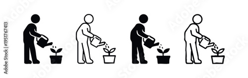 Person watering a potted plant with a watering can icon set. Nurturing growth, nature care, and environmental development vector.