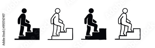 Person taking a step up stairs icon set. Concept of progress, advancement, and starting a new stage or goal.