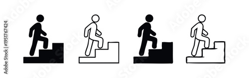 Person walking up stairs icon set. Concept of progress, growth, career development, and overcoming challenges.