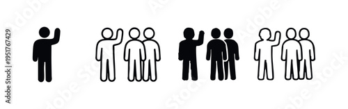 People raising hands icon set in solid and outline style, representing voting, asking questions, or volunteering