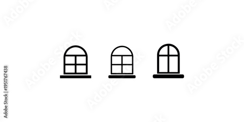 Arched window icon set featuring various pane glass dividers in minimalist black vector style suitable for architecture interior design and house plans