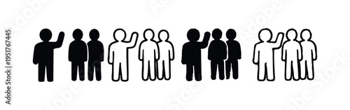 Diverse set of people raising hands icons, signifying agreement, participation, or a question, in solid and outline vectors
