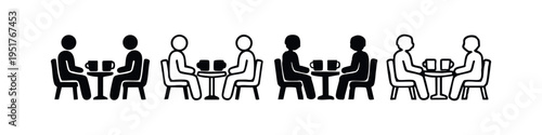 People sitting at tables with mugs icon set, depicting a cafe, meeting, or social gathering in solid and outline styles