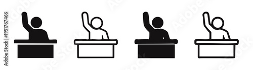 Student or audience raising hand at a desk icon set, depicting asking a question or participation in solid and outline forms