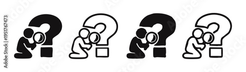 Problem-solving and inquiry icon set with person examining a question mark through a magnifying glass, in varying styles