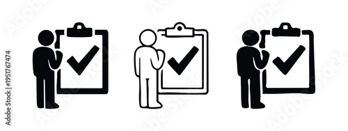 Clipboard with checkmark and person icon set, symbolizing task completion, approval, or success, in different styles