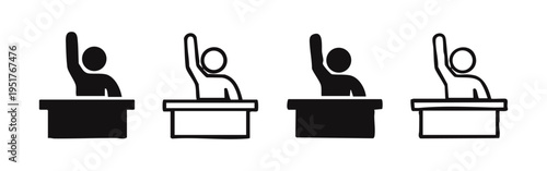 Collection of icons showing a person raising hand behind a desk, ideal for classroom, meeting, or Q&A themes