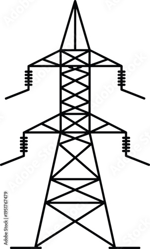 High Voltage Electricity Pylon Line Art Illustration, Power Transmission Tower Vector Icon, Industrial Energy Infrastructure Graphic, Electrical Grid System Element