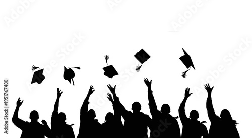 Graduates celebrating with tossed mortarboards.