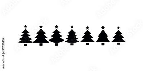 Set of seven black christmas tree icons with a star at top isolated on a clean white background simple graphic design vector illustration